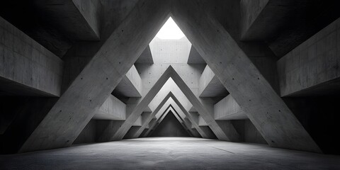 Fototapeta premium Symmetrical wide-angle view of sharp concrete structural lines in a Brutalist interior, converging centrally toward a skylight, stark shadows defining geometric forms.