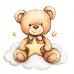 Endearing Hand-Drawn Teddy Bear on a Cloud: Watercolor Illustration for Baby Showers and Kids' Art with a Whimsical Touch