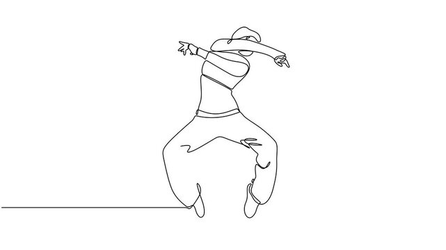 Animated self drawing of single continuous line draw young energetic hip-hop dancer woman, Woman dancing hip hop continuous line drawing of a woman energetic hip-hop dancer practicing. 4k Animation.