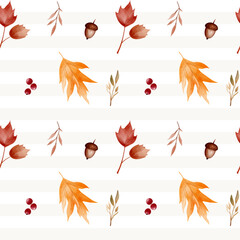 Fall foliage watercolor seamless pattern. Hand painted leaves, berries and herbs for seasonal decor