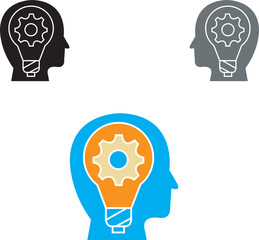 Illustration of a human head with a gear and light bulb, symbolizing creativity and innovation. Available in black, gray, and blue-orange variants, perfect for concepts of thinking, ideas 