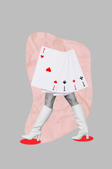 Vertical art banner collage of anonym headless girl legs instead body cards poker game combination...