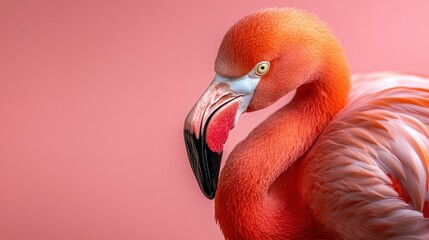 A striking close-up portrait of a flamingo, showcasing its vibrant plumage and unique features set against a soft pink background, emphasizing nature's beauty and artistic expression.