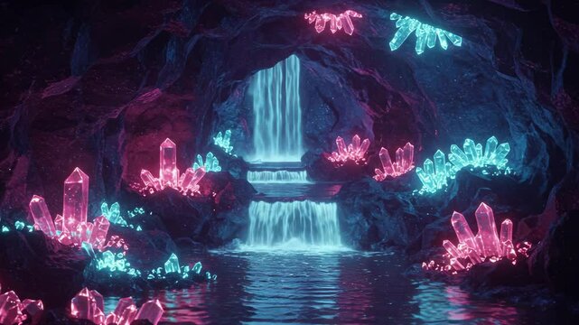 Glowing crystals in a fantasy cave waterfall scene, loop waterfall 