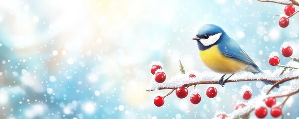 Charming Blue Tit Bird Perched on Snow-Covered Branch in Winter Wonderland Scene with Soft Blue White Hues and Bokeh Lights, Perfect for Holiday Cards and Nature Themes, Realistic