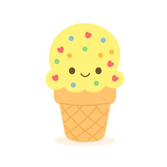 Colorful vector ice cream cones with happy expression. 
Ideal for children’s prints, stickers, and sweet-themed designs.