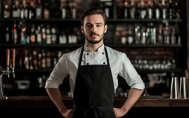 Fototapeta premium Chef kitchen apron. Chef cook in uniform, kitchen apron, protective apparel, culinary environment, food service setting, chef in kitchen interior, apron mock-up. Realistic style photo.