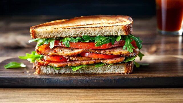depicts a BLT sandwich, consisting of crispy bacon, fresh lettuce, juicy tomatoes, and creamy mayonnaise on toasted bread.