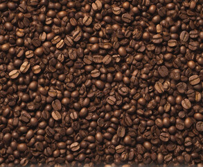 Fototapeta premium Roasted Coffee Beans Pile Background, Coffee Bean Collection Texture, Many Coffee Beans Top View, Brown Coffee Seed Background, Coffee Beans Spread Surface