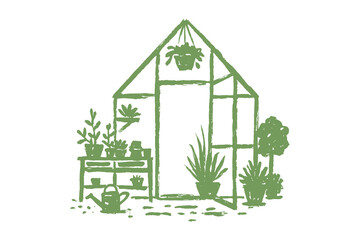 Greenhouse and garden plants brush sketch vector illustration