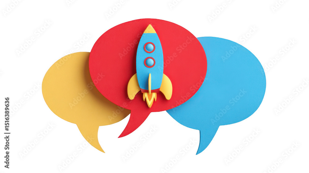Poster colorful speech bubbles overlapping with a launching rocket symbolize innovative communication and t