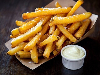Fries in Cone & Aioli: Sprinkled Sea Salt, Ramekin of Aioli, Overhead, Sharp Focus Food