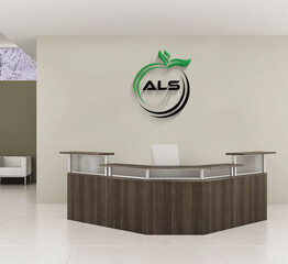 Modern office reception area with als logo
