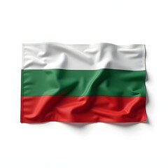 Photorealistic Bulgaria national flag isolated on white background. Horizontal tricolor of white, green, and red. Studio image with sharp focus and realistic fabric texture.
