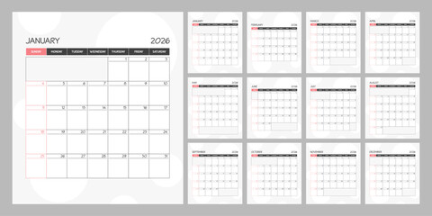 Monthly calendar red square planner schedule for 2026 year. Week Starts on Sunday