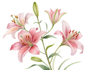 Pink lilies: watercolor illustration of a bouquet of flowers, isolated on a white background. Elegant and delicate design for postcards, invitations and floral themes.