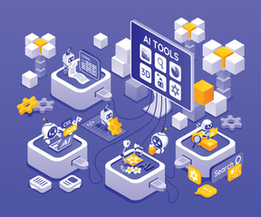 Obraz premium Blue AI Tools Isometric Illustration