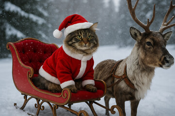 Cat in Santa Costume Riding a Reindeer Sleigh in a Snowy Winter Forest - Generative AI