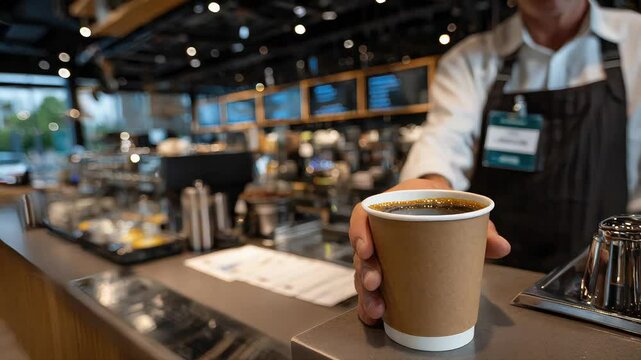 Barista serving a personalized cup of coffee at the counter, highlighting customer experience and attention to detail.