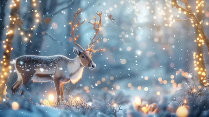 Festive snowy forest with fairy lights, creating a festive and magical winter scene. Winter forest christmas background with reindeer fairy glowing antlers