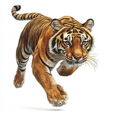 Obraz premium High-Resolution Realistic Illustration of a Dynamic Leaping Tiger with Detailed Fur, Intense Gaze, Forward-facing Face, Black Stripes, Warm Orange and Brown Colors, Isolated on White