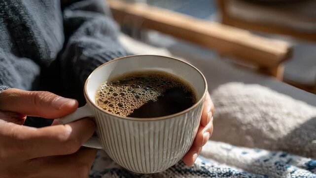 Close-up of hands holding a warm cup of coffee, capturing the comfort of the first morning sip with steam rising.