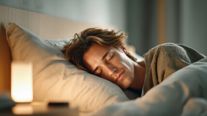 A young man sleeps peacefully in bed, illuminated by soft, warm ambient lighting in a cozy bedroom.