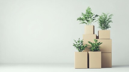 Minimalist studio image of a stacked cardboard box pyramid with lush green plants sprouting from the top, set against a neutral light gray background, emphasizing eco-friendly