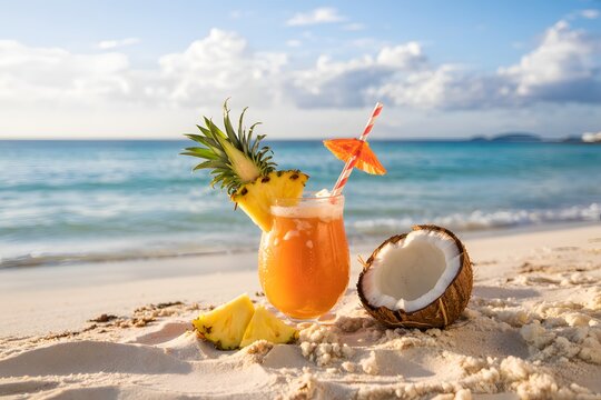 Tropical pineapple cocktail on a beach