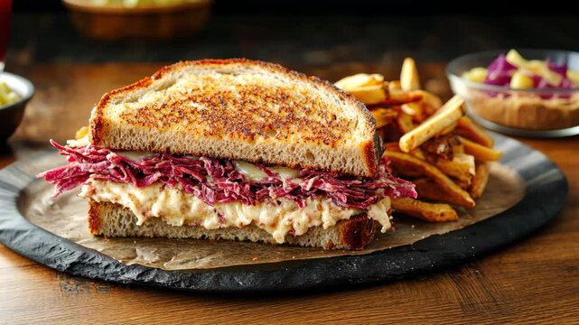 A close-up of a reuben sandwich with corned beef, sauerkraut, and melted cheese on rye bread