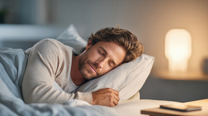 Fototapeta premium A man with a beard sleeps peacefully in bed, resting his head on a pillow in a cozy, softly lit bedroom.