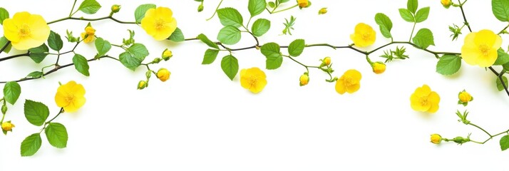 Fresh Yellow Blossoms Framed by Lush Green Foliage on a Crisp White Background