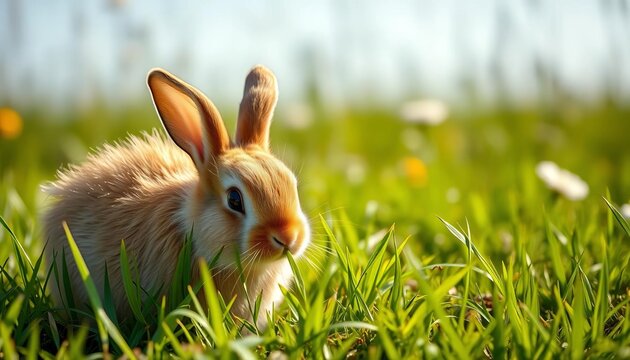 A fluffy brown bunny nibbles green grass in a sun-drenched meadow,  field,  fluffy - Powered by Adobe