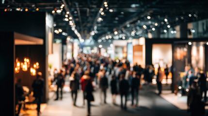 Blurred image of people at a product showcase event, elegant trade booths, ambient lighting, professional signage, crowds navigating through pathways, modern exhibition layout and brand presentations