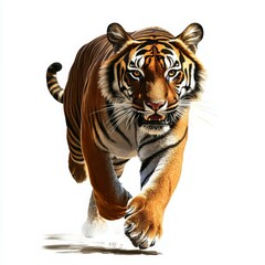 Fototapeta premium Vivid realistic digital illustration of a powerful forward-facing tiger with detailed orange and black striped fur and sharp claws on a plain white background, conveying strength