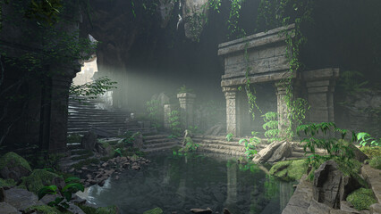 Old fantasy temple ruins in an overgrown underground cave lit by sunlight from above. 3D render.