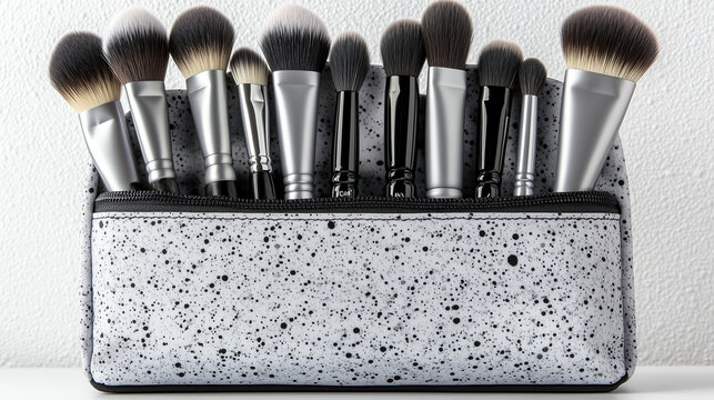 Makeup brushes and beauty tools on a white background