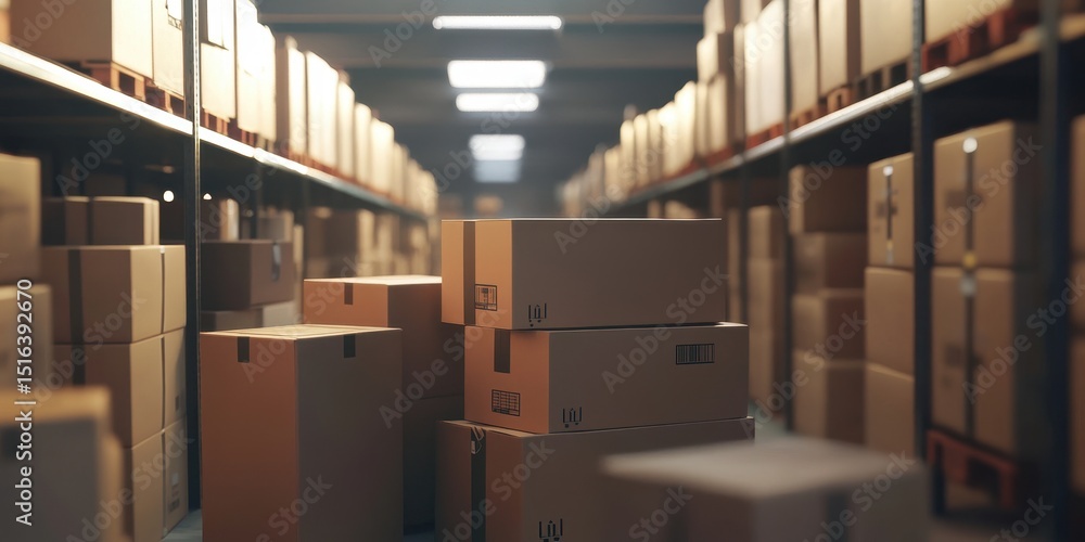 Poster cardboard boxes arranged on blurred warehouse shelves: a 3d representation of logistic and distribut