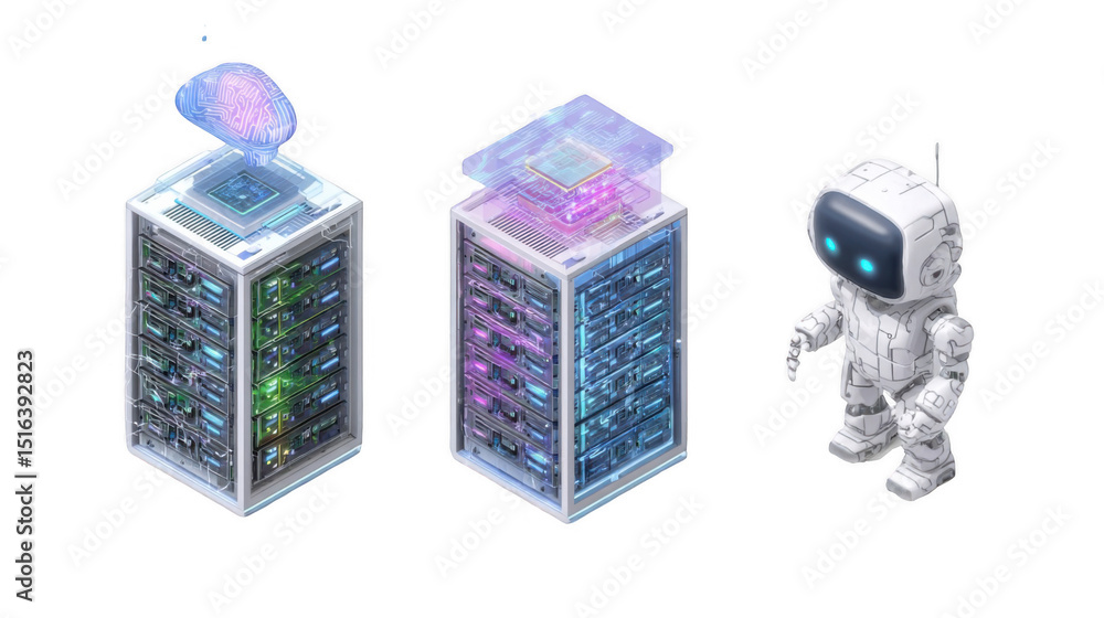 Aufkleber featuring two server racksone topped with a holographic brain and the other with a holographic cpual