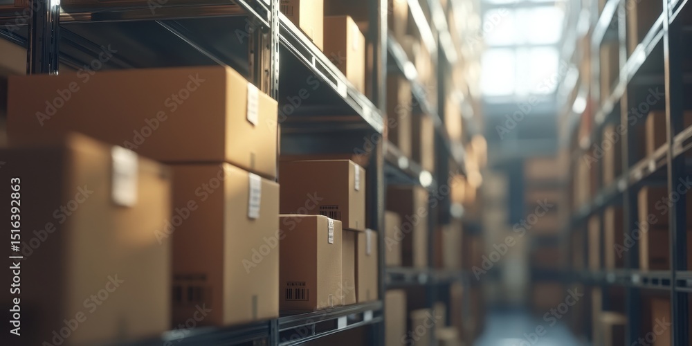 Poster storage solutions: cardboard containers arrayed on shelves in a blurred warehouse environment