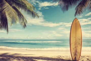 Retro Hawaii Vibes: Surfboard on Tropical Beach with Palm Trees Under a Sunny Sky