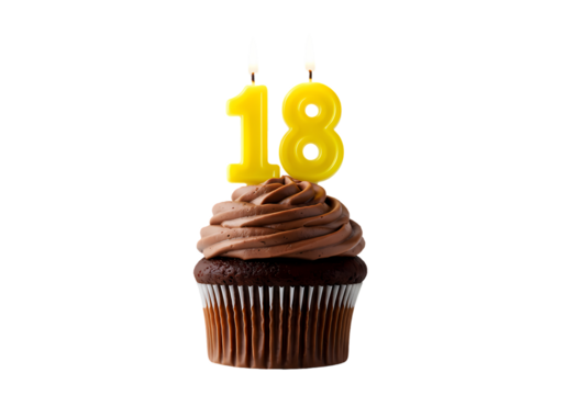 Eighteenth Birthday Chocolate Cupcake with Number 18 Candle isolated on transparent baackground