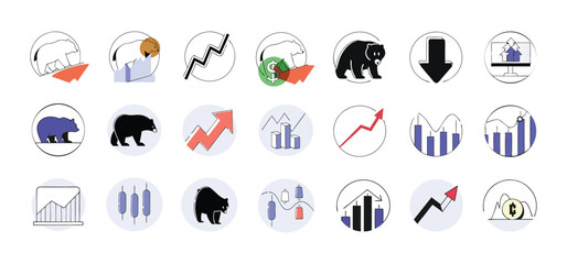 A collection of illustrative financial icons showing market trends including bear symbols and growth charts in circles.