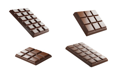Delicious chocolate bar representation in different angles and perspectives against a white background