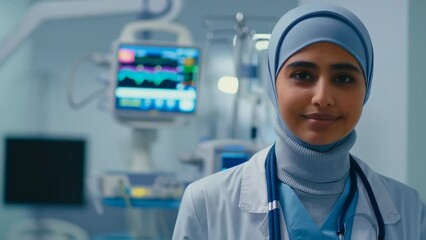 Confident Muslim female doctor standing in ICU with medical equipment behind - Powered by Adobe