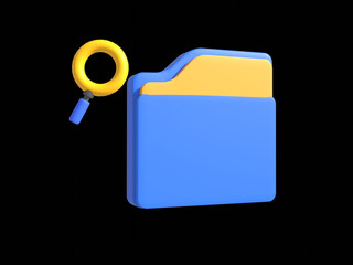 Yellow  and blue 3d computer folder with paper files, documents. Business, file management concept. 3d vector icon. Cartoon minimal style.