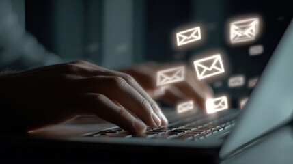 Close-up of hands typing on laptop keyboard, glowing email icons floating above screen, modern digital workspace with soft lighting, concept of real-time communication and messaging