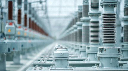 Close-up of high-voltage transformer units at power substation, metal surfaces and ceramic insulators, perspective view showing depth of field, clean and critical electrical environment