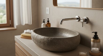 Fototapeta premium Modern stone sink with faucet in minimalist bathroom design 