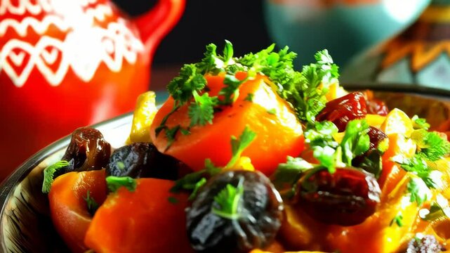 Vegetable tagine with apricots, prunes and herbs in an ornate bowl presented in natural light for a vibrant culinary experience.